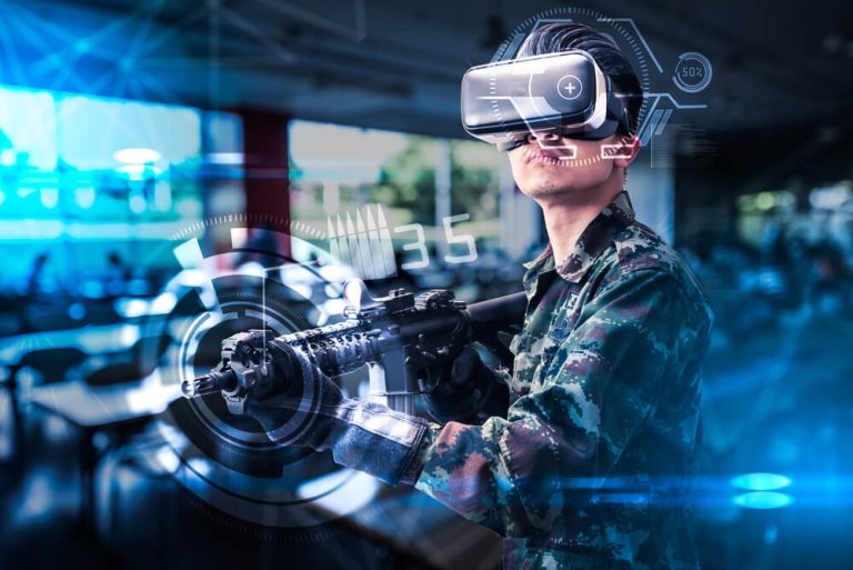 Soldier using VR goggles to training