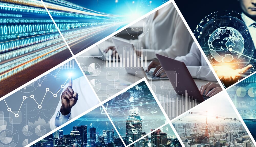 Collage of diverse business professionals collaborating on computers and using technology in a modern office setting
