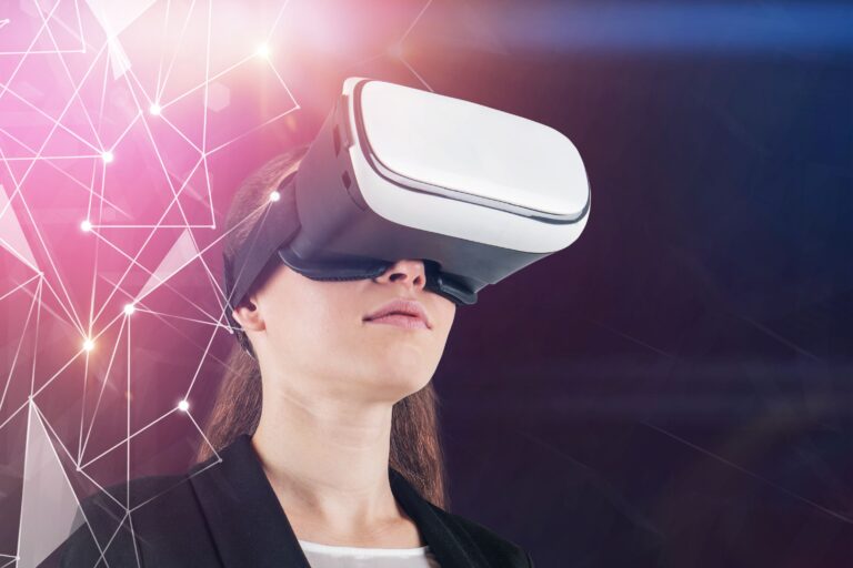 A woman wearing a VR headset using hands-free accessibility features to navigate a virtual simulation through gaze tracking