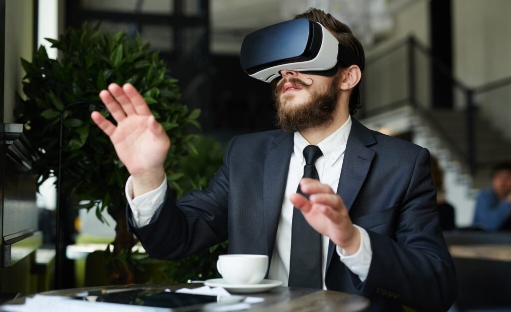Professional in a suit using a VR headset for fintech compliance training simulation.