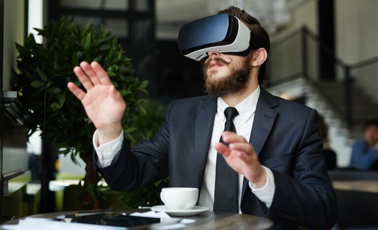 Professional in a suit using a VR headset for fintech compliance training simulation.
