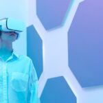 Woman in a white shirt using VR for digital transformation training.